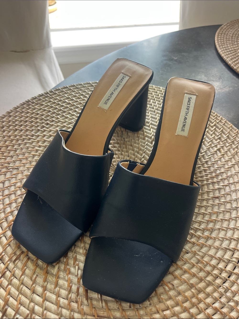 EUC Saks Fifth Avenue Navy, blue, leather, heeled, mules sandals 8.5 - Picture 5 of 5